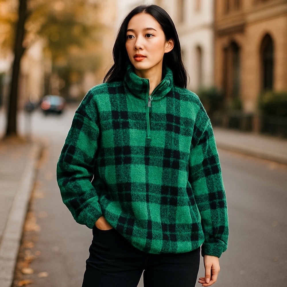 Aerie OFFLINE Green Black Plaid Quarter Zip Fleece‎ Pullover XXL/TTG